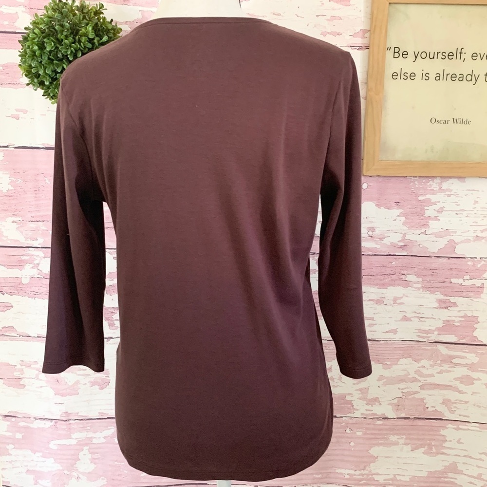 LL BEAN Women’s Burgundy 3/4 Sleeve V-neck Supima Cotton Tee Small 100% Cotton - Picture 2 of 4